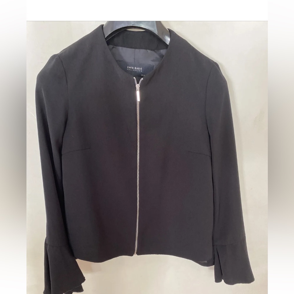 Zara Women’ Long Sleeve Blouse Zipper Front Ruffled Sleeves Shirt Top Black S